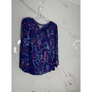 Vintage Long Sleeve Sequin Beaded Top AJ Bari Art-to-wear Silk Paisley 80’s